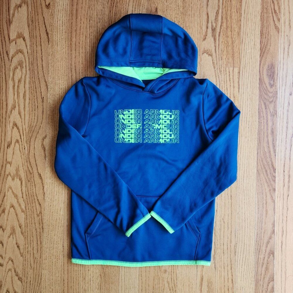 UNDER ARMOUR Performance Hoodie | Boy's Size Large | Blue and Neon Green